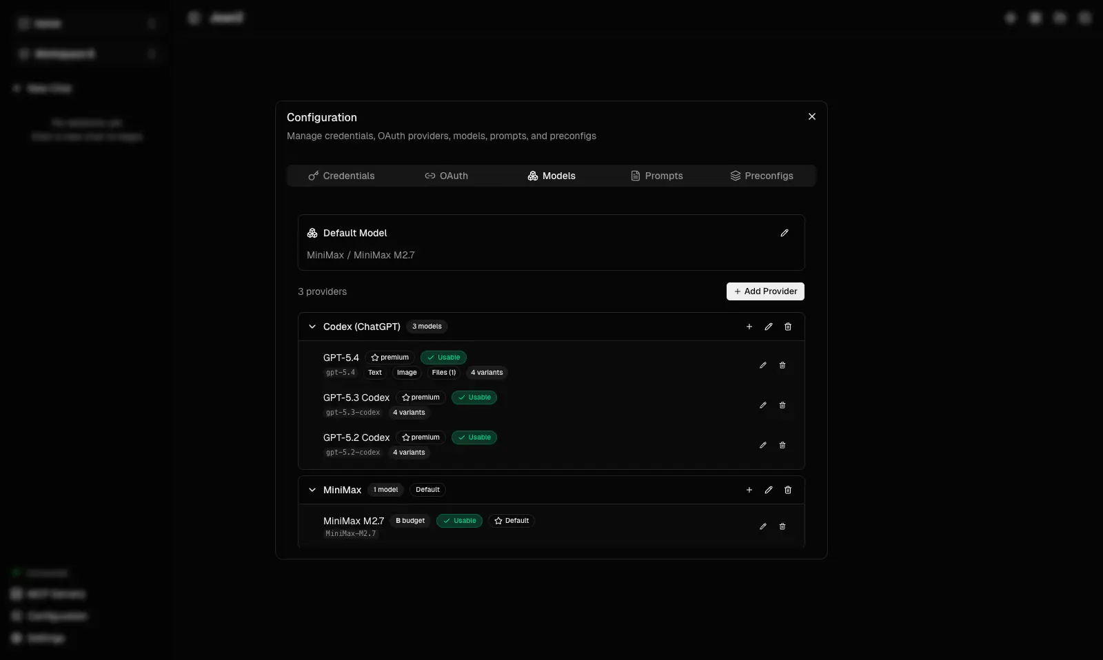 Model configuration UI showing model list with providers, display names, and context windows