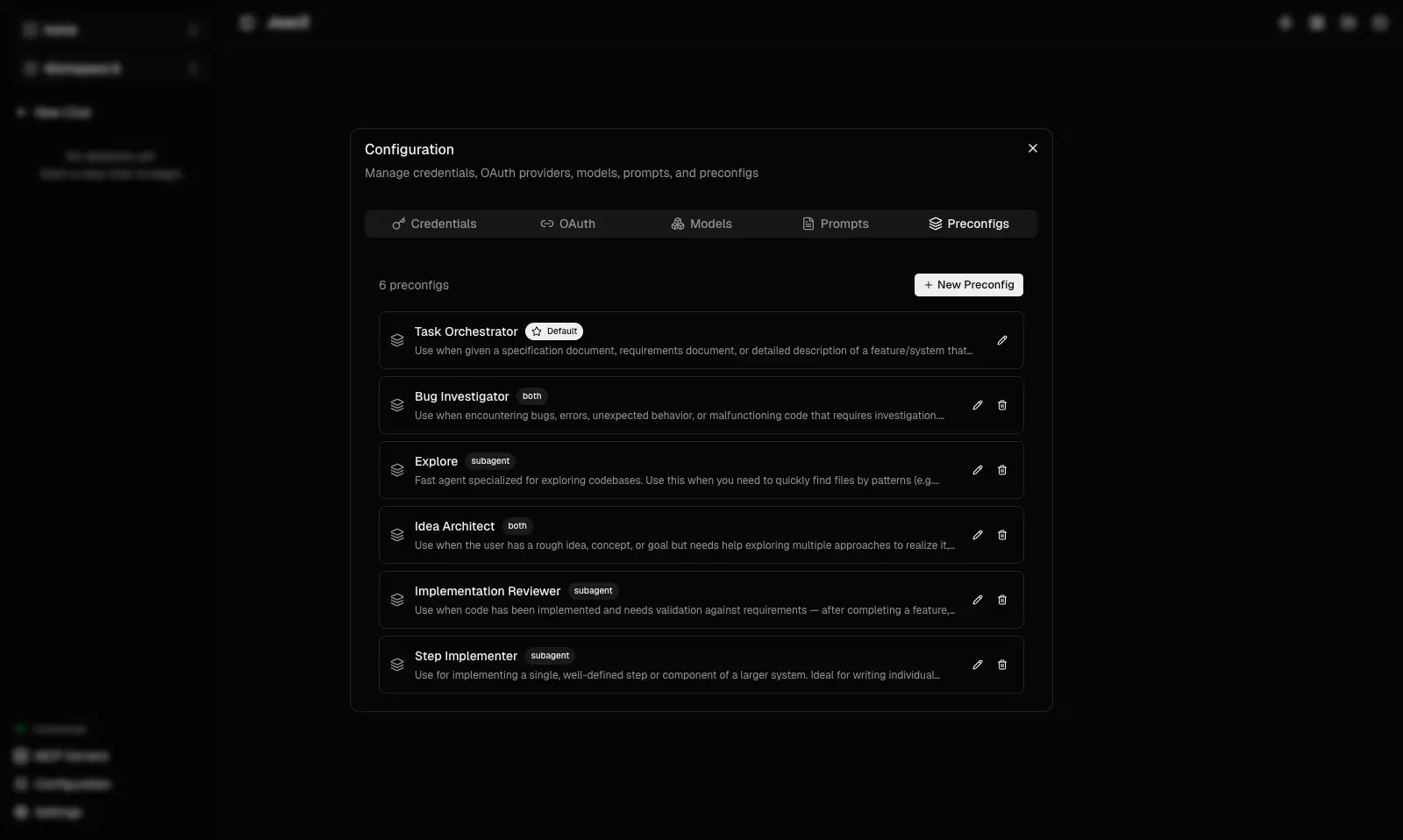 Configuration showing a list of available preconfigs with names, descriptions, and their assigned tools and models