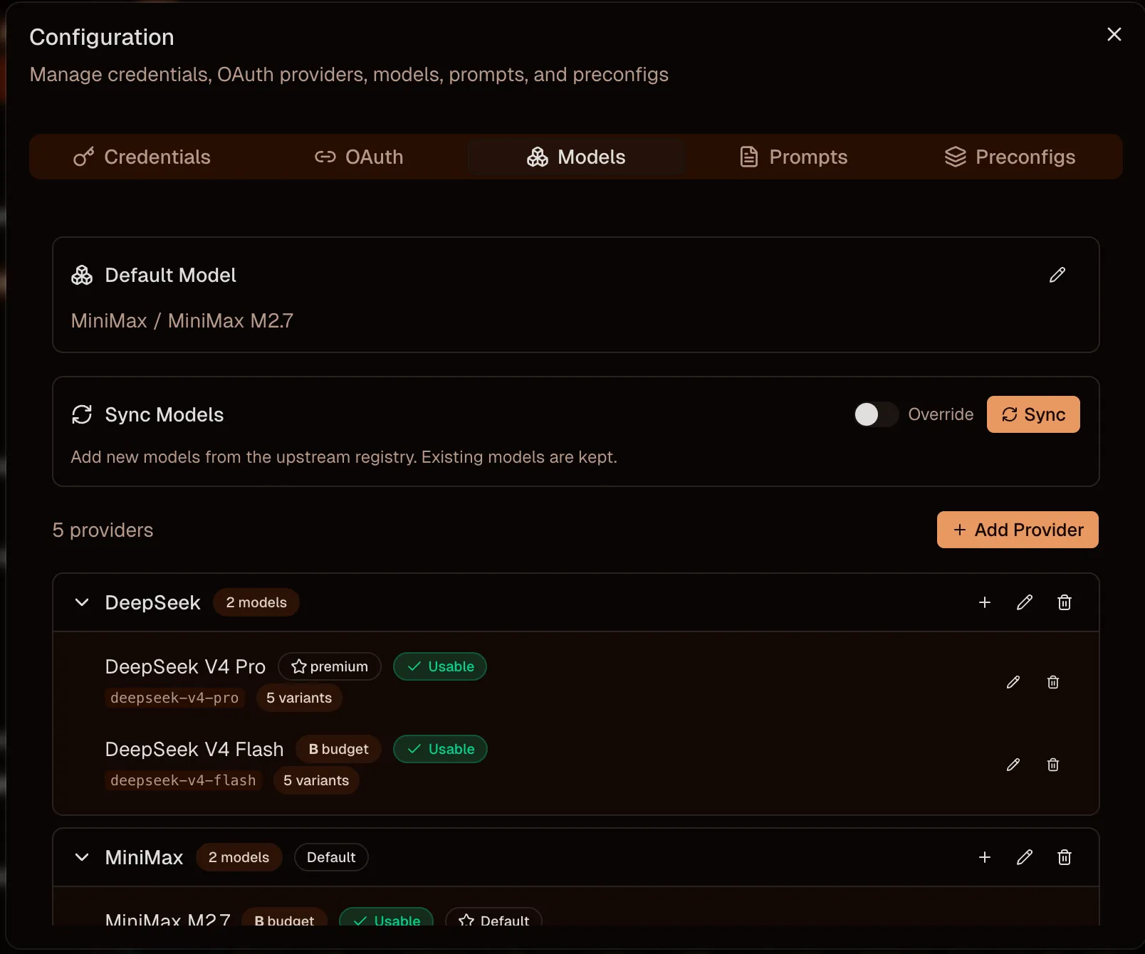 Models tab showing the model list
