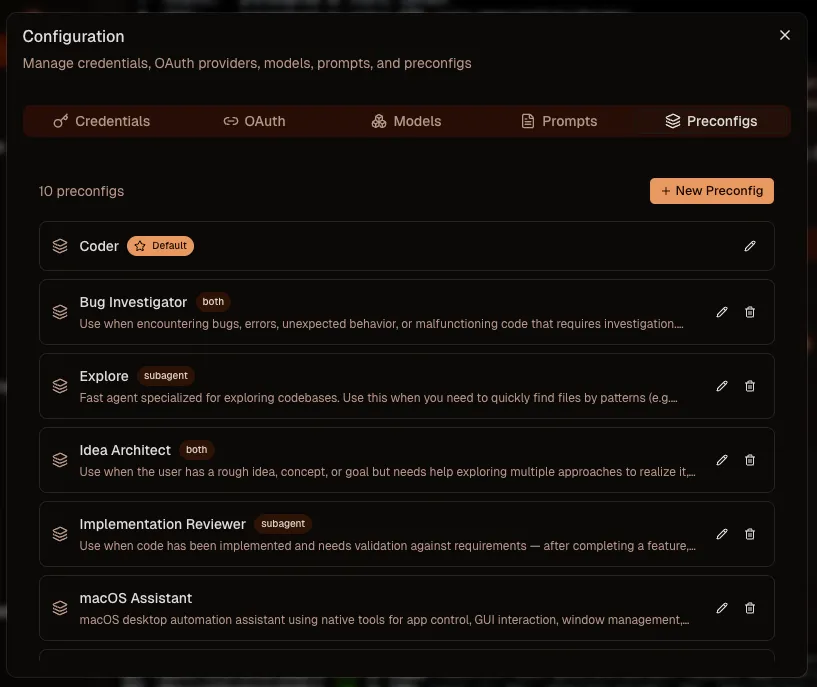 Preconfigs tab showing the list