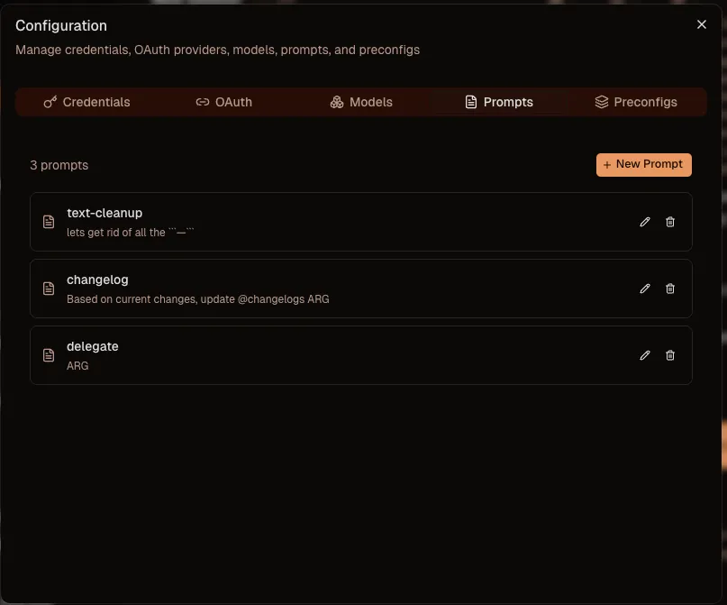 Prompts tab showing the list