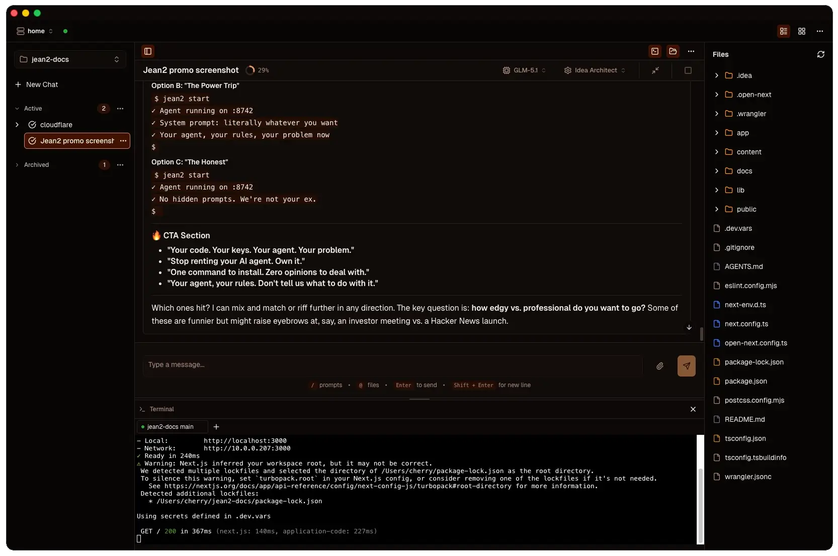 Jean2 desktop client showing chat interface, workspace selector, and tool execution